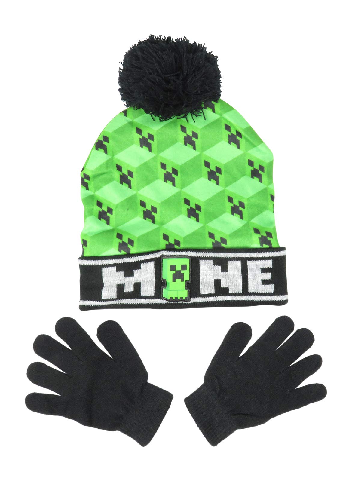BioworldMinecraft Woven Mine Kids Beanie Hat Cap and Gloves Set New Green