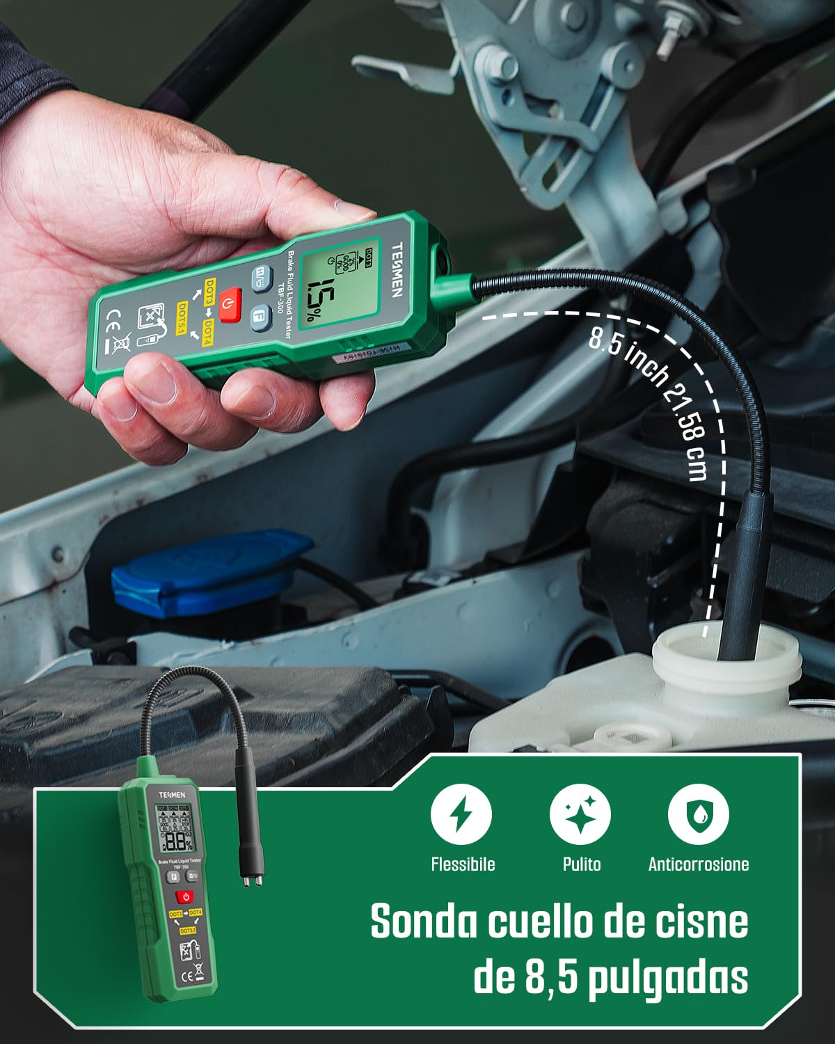 TESMEN TBF-300 Tester Liquido Freni con Sonda Flessibile da 8,5", Torcia Integrata, Allarme Retroilluminato, Retenzione Dati, Compatibile con DOT3, DOT4, DOT5.1 per Cura Auto -Verde