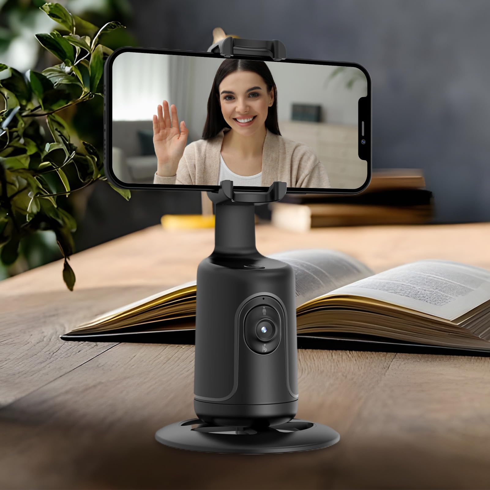 Treppiede con monitoraggio automatico per telefono cellulare, supporto per telefono con rotazione automatica a 360 gradi, da scrivania per matrimoni, giochi, ufficio, viaggi, sport