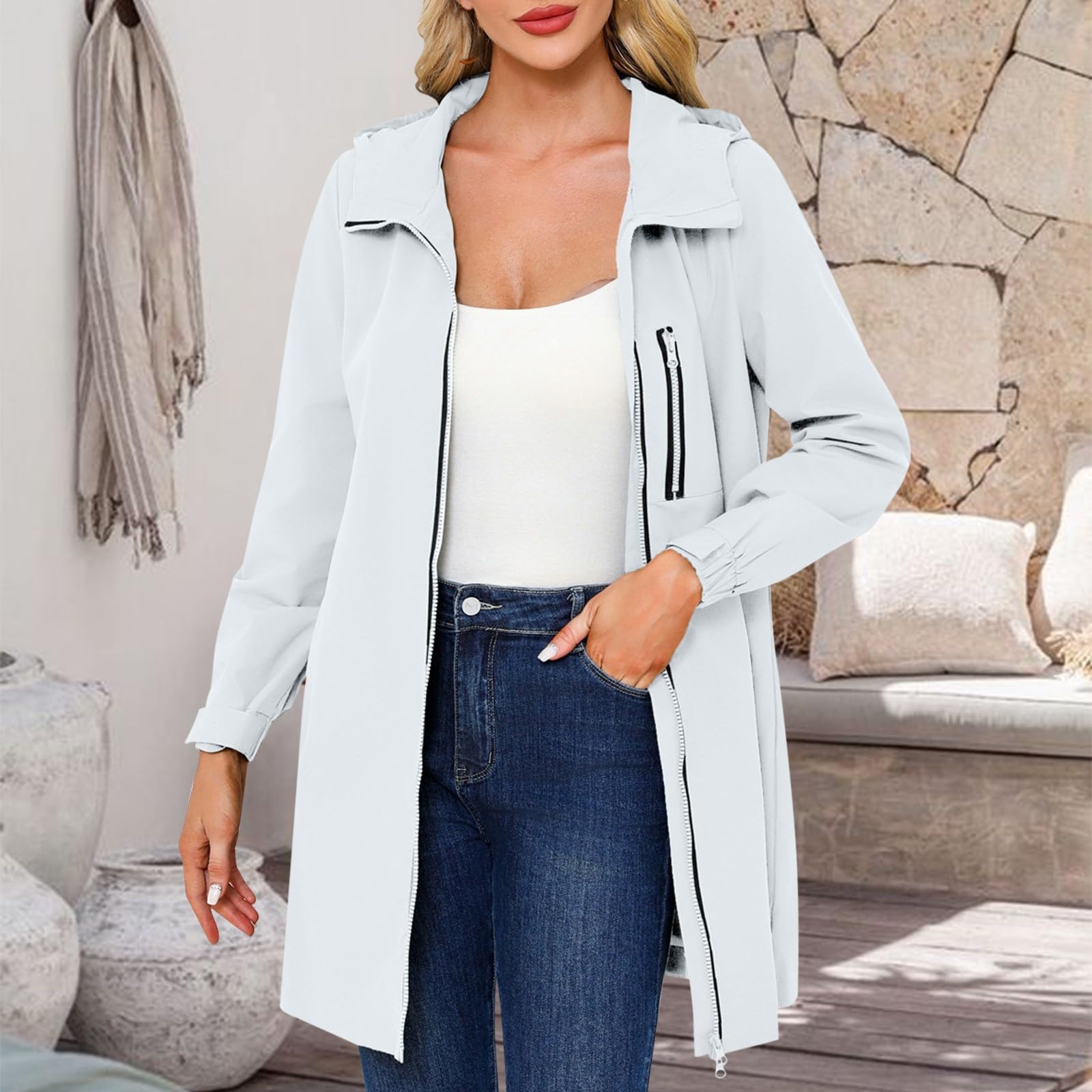 Giacca impermeabile da donna con cappuccio - Giacca sportiva da donna con tasca Cappotto leggero Giacche comode Trench per alpinismo Cappotti Antivento Giacca alla moda Felpa con zip Trench