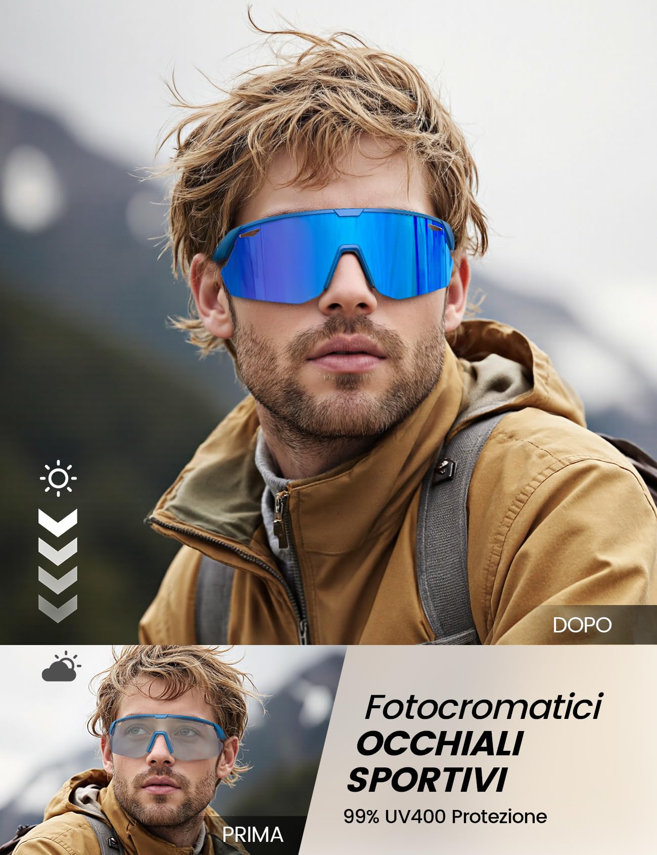 Lamicall Occhiali Ciclismo Fotocromatici, [3S Fotocromatico] [28g Ultraleggero-TR90] Anti-UV400, Nasello Regolabile, Occhiali da Sole Sportivi per Uomo e Donna, per Bici/Corsa/Pesca/Sport all'Aperto