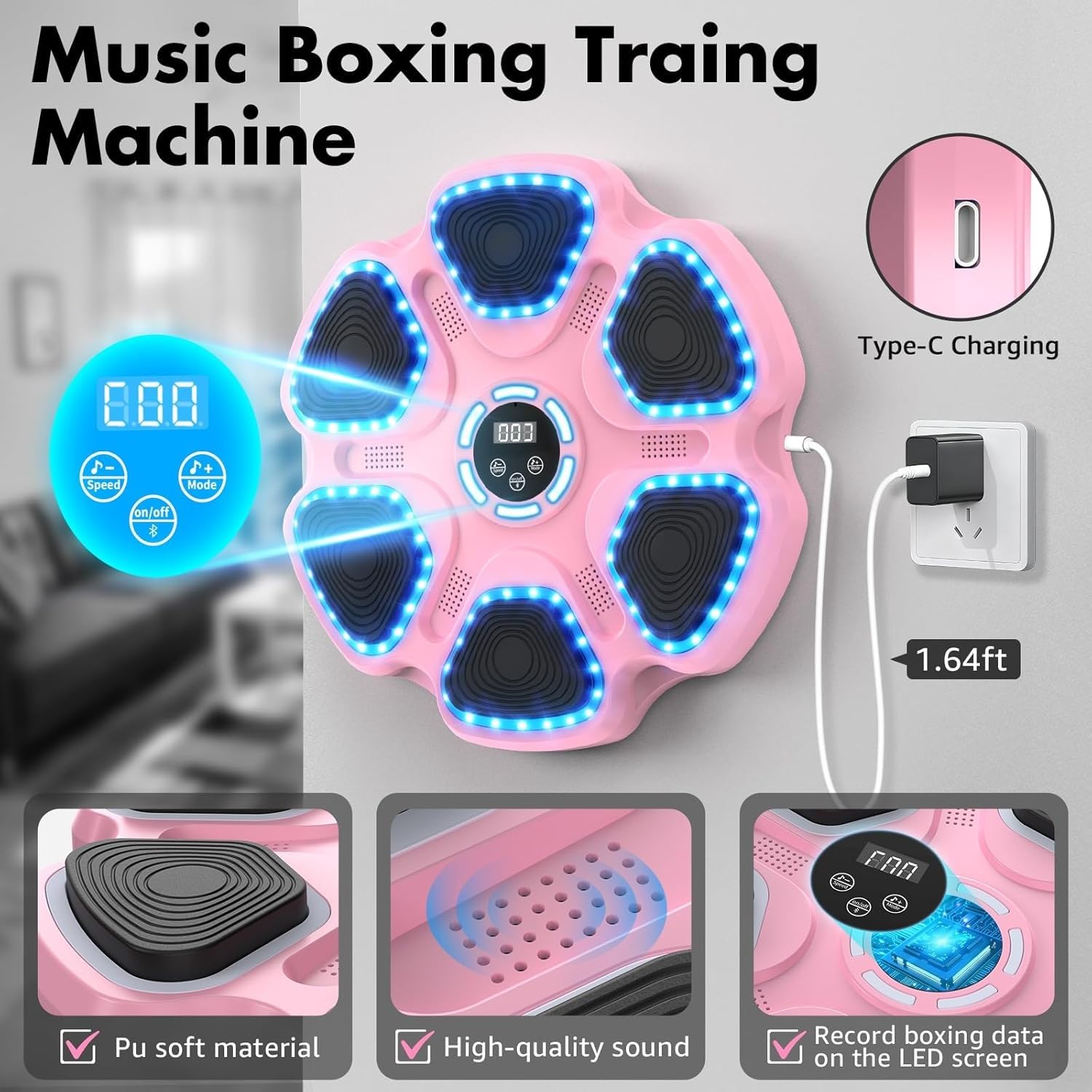 Entrenador de Boxeo Musical, Máquina de Boxeo de música interactiva Inteligente para niños y Adultos, 9 Modos de Velocidad, Almohadilla electrónica montada en la Pared para Fitness en el hogar