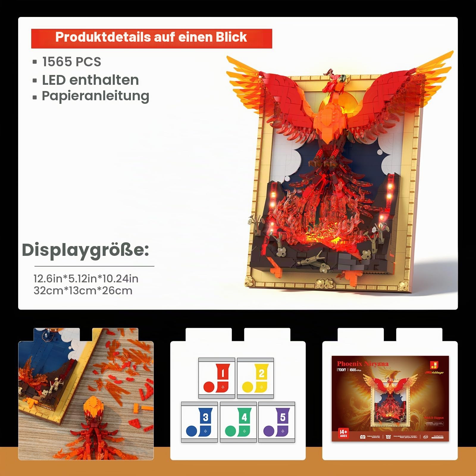 JMBricklayer Phoenix Art Klemmbausteine Erwachsene mit Licht, 3D Nirvana Wanddeko Tisch Display Modell mit Ständer, 70017 Bilderrahmen Wandkunst Zuhause Büro, Bauset Geschenk für Jugendliche 14+