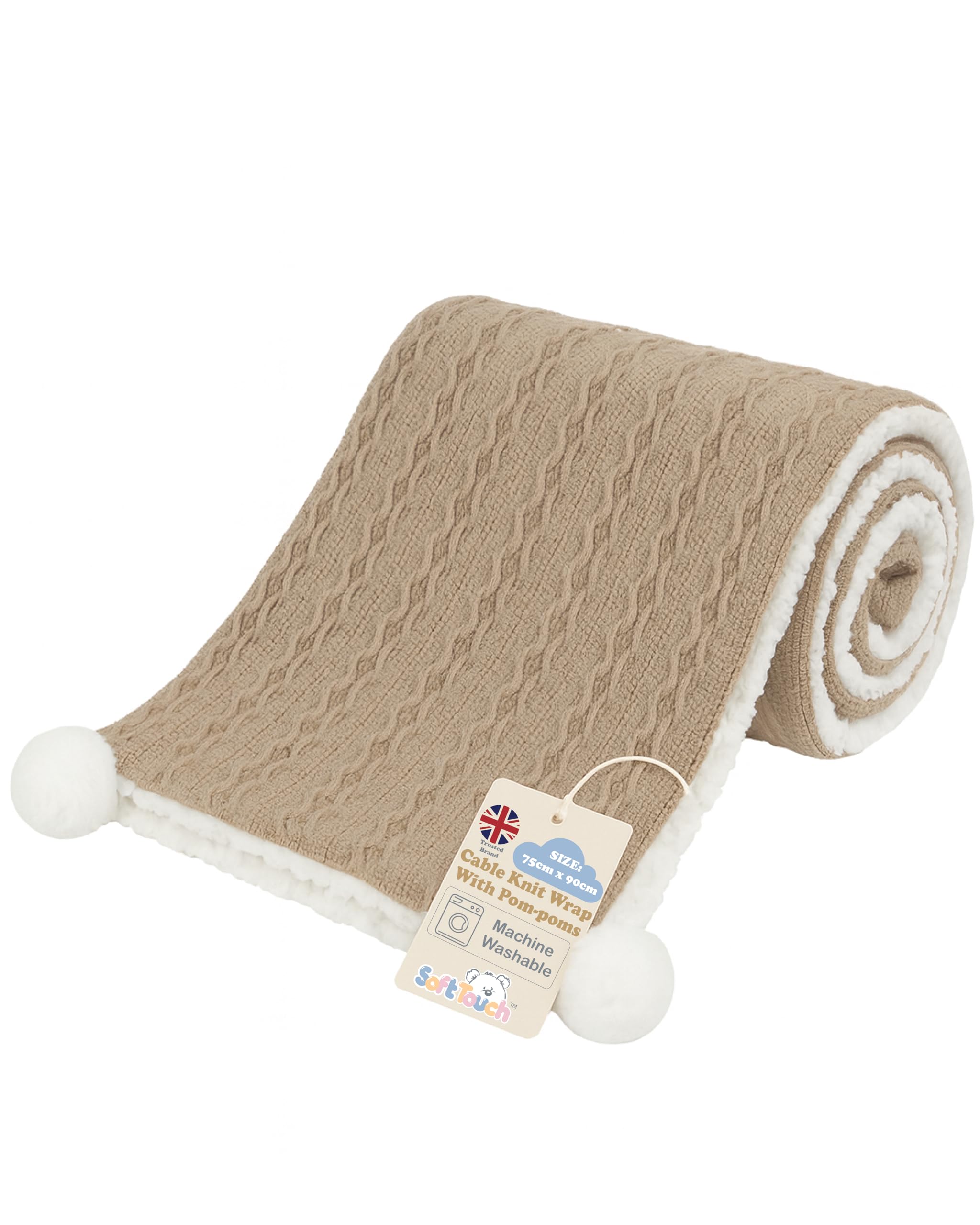 Soft Touch Infant's Cable Knit Blanket Wrap with Pom-Pom's and Super Soft Sherpa Back (Coffee)