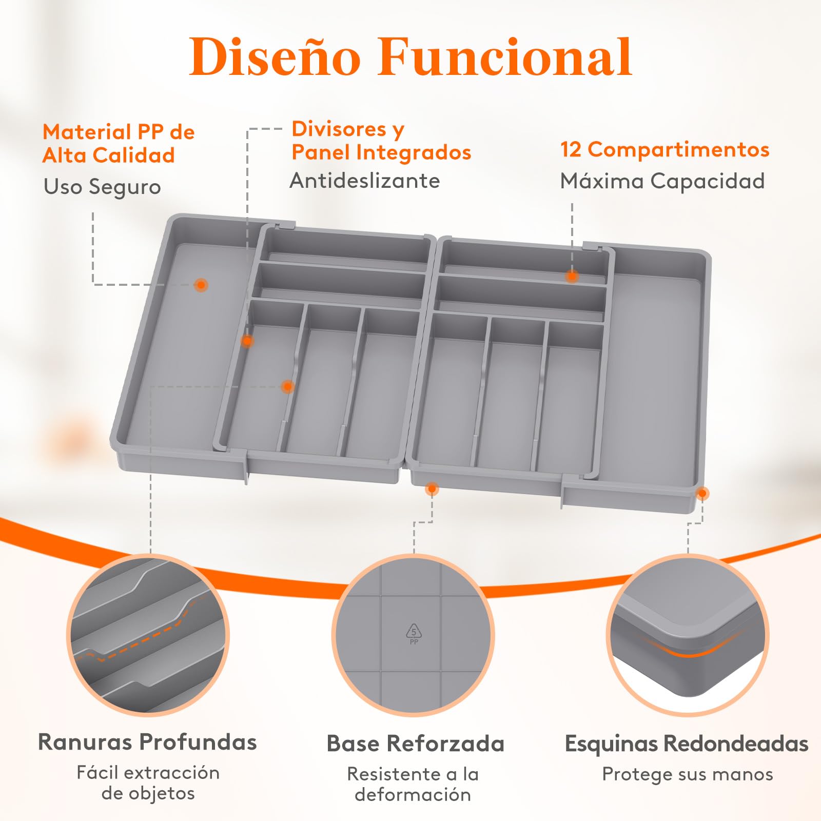 Lifewit Bandeja Grande para Cubiertos Cajon, Ancho de 46 a 70 cm, Organizador Vajilla Extensible de Cocina, Profundidad de 42,4 cm, Extraíble Separador Talheres, Porta de Utensilios/Cucharas, Gris
