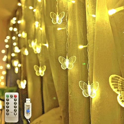 Guirnalda de luces de hadas de mariposa con enchufe USB 8 modos 120 luces LED de 197 pies con temporizador de luciérnaga con control remoto alambre