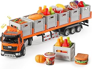 Food Transport Truck Toy for Age 3-8 Kids – Alloy Vehicles Head 1:40 Goods Trailer with Cargo Box and Food Model, Lights & Sounds (Large Transport Truck Orange)