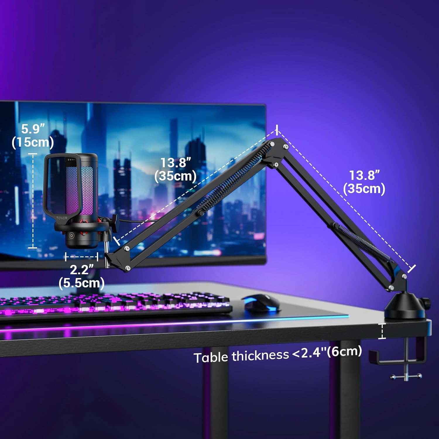Diagram showing dimensions and adjustability of the boom arm and microphone setup on a desk.