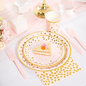 Supernal 350pcs Pink and Gold Party Supplies10inch and 7inch Pink and Gold Paper Plates,Golden Plastic Forks,Knives,Spoons,Napkins Cups Served 50 Guest for Birthday,Wedding,Graduation