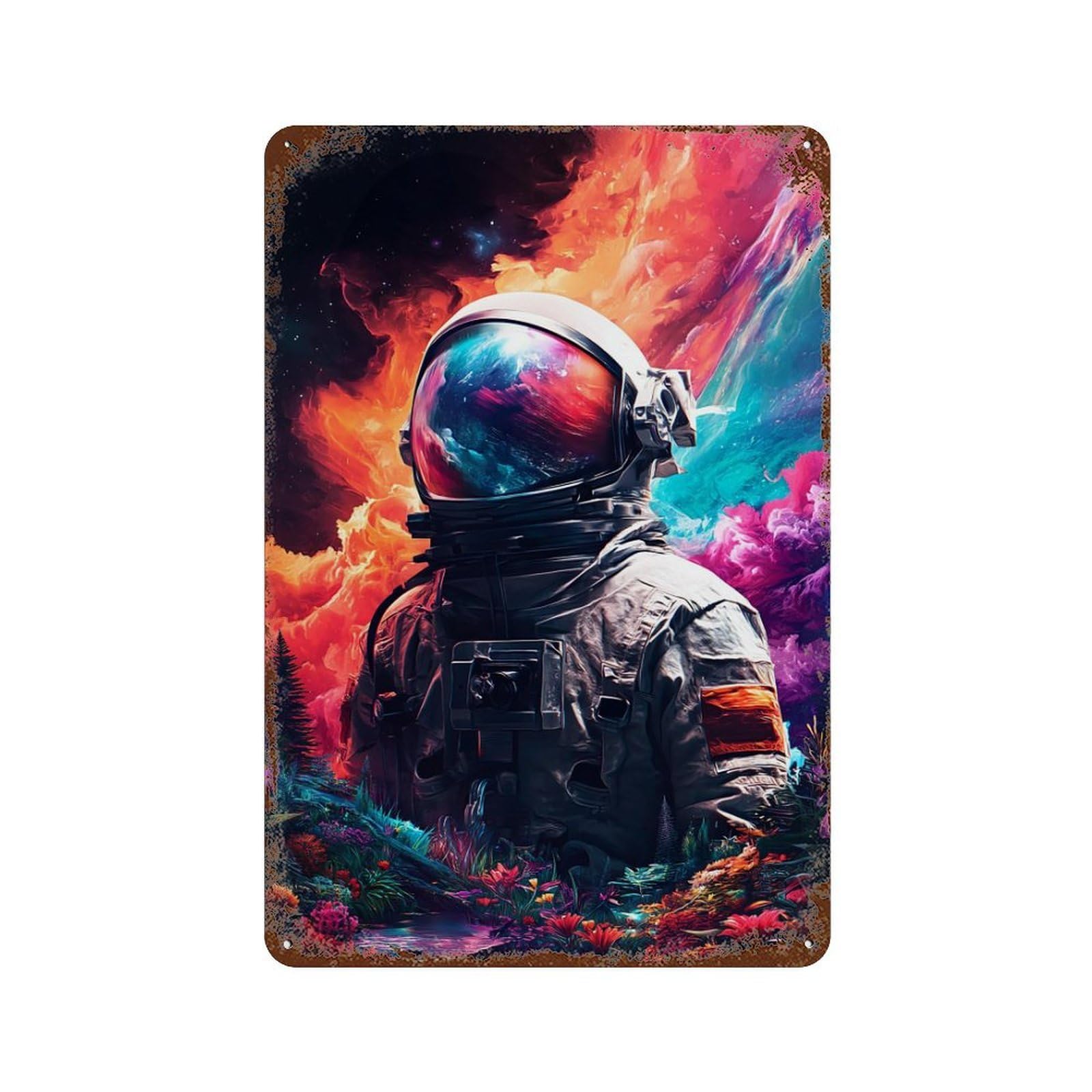 Decorative Tin Sign with Astronaut in Colorful Forest Design 11.8"x7.9", for Garage, Bar And Workshop Decor, Farmhouse Wall Decor
