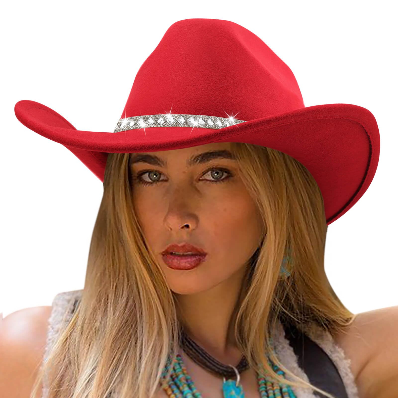 DRESHOW Western Cowboy Hat for Women and Men Wide Brim Glitter Cowboy Cowgirl Hats with Rhinestone Felt Fedora Unisex Rolled up Caps