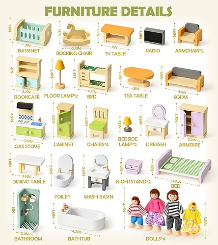 Miniatura 7 de Toyssa Juego de muebles de casa de muñecas de madera, 36 piezas de accesorios en miniatura para casa de muñecas con coloridas 5 habitaciones y 4