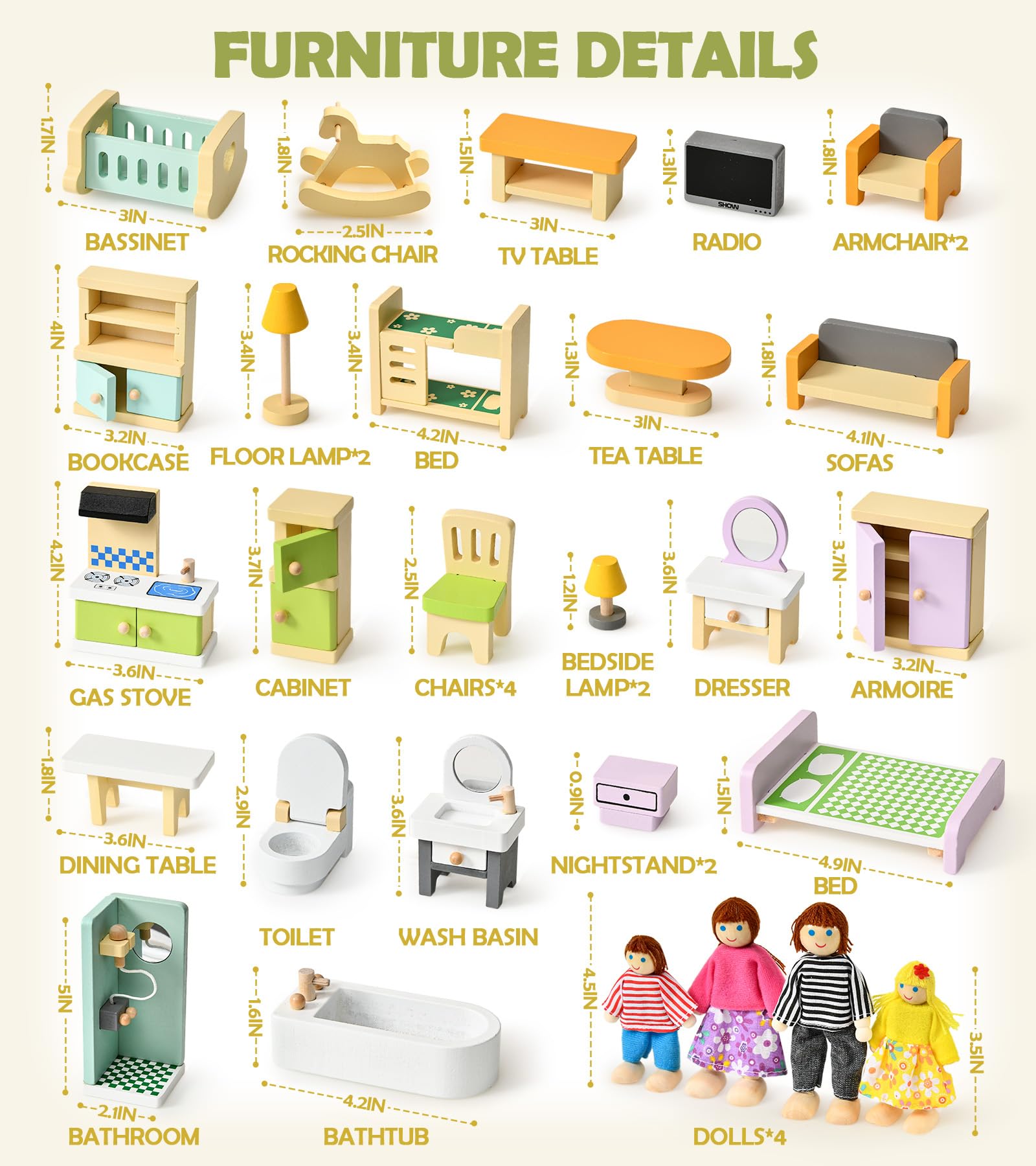 Atoylink Muebles Casa de Muñecas de Madera con Accesorios Coloridos y 4 Muñecas Familiares, Juguetes Educativos y Juego de Simulación para Niños Niñas Partir 3 Años +