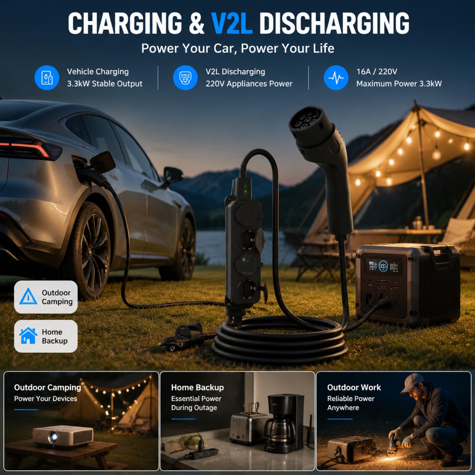 VOBOR Typ 2 Auf Schuko Adapter, 3,3KW 220V 16A Bidirektionales EV Ladegerät mit V2L Funktion,1-Zu-4-Europäischer Steckdosenverteiler, 3M Entladekabel Stecker Fahrzeug Zum Laden Entlader