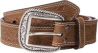 Ariat Men's Leather Floral Embossed Western Belt - 1.5" Wide Brown Strap, Removable Silver Buckle
