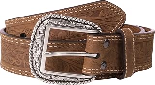 Ariat Men's Leather Floral Embossed Western Belt - 1.5" Wide Brown Strap, Removable Silver Buckle