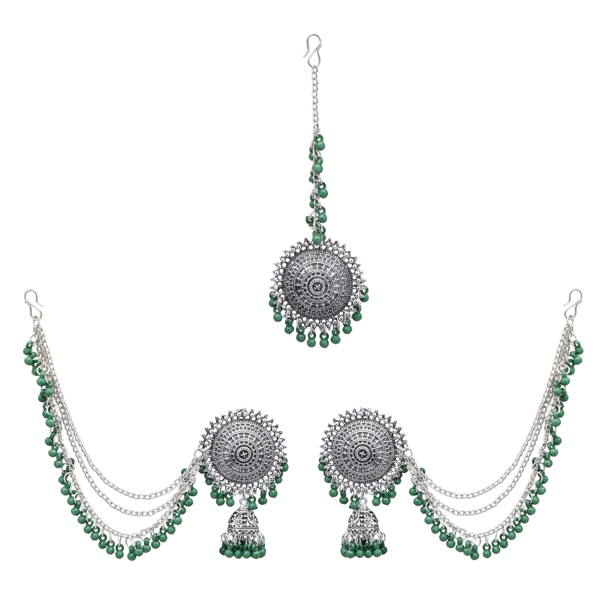 JwellmartIndian Ethnic Partywear Traditional Oxidized SIlver Navratri Jhumka Jhumki Earrings with Maang Tikka Combo for Women and Girls