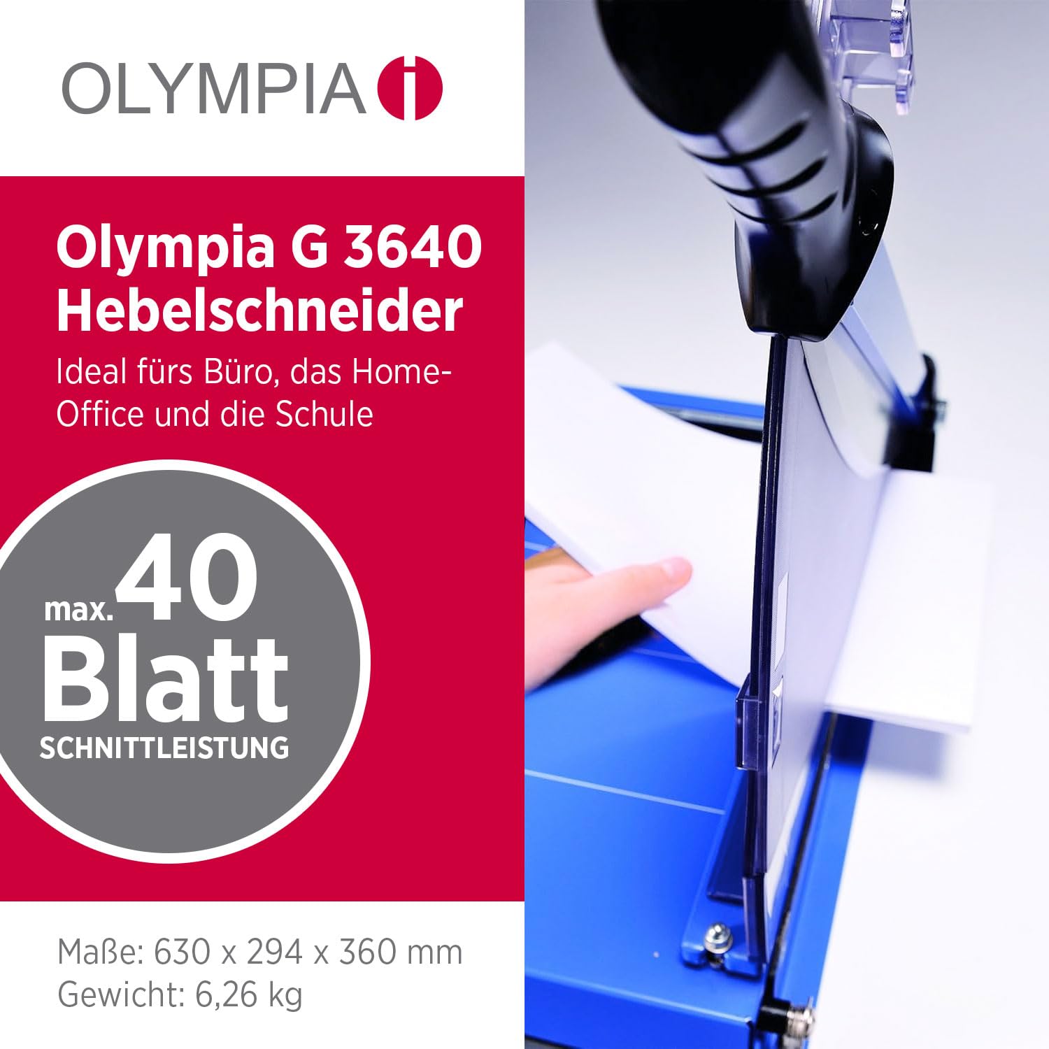 Olympia G 3640 Premium Hebelschneider | hochwertiger Papierschneider A4 bis zu 40 Blatt | 360 mm Arbeitsbreite | Fingerschutz & automatische Fixierung | Papierschneidemaschine | Schneidegerät | blau