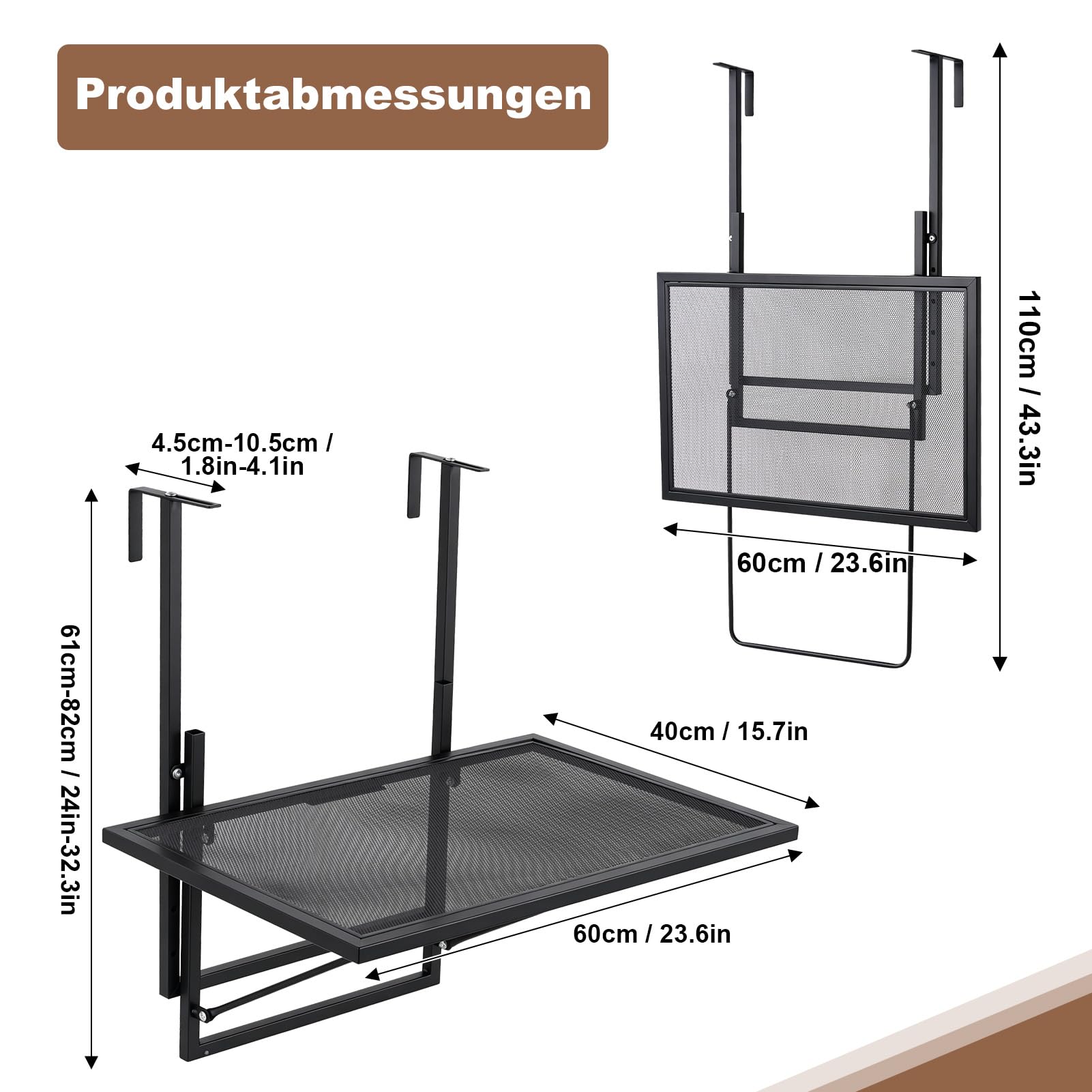 Table de balcon pliable à suspendre, réglable en hauteur, pour balustrade, 60 x 40 cm, en acier, petite table de balcon, résistante aux intempéries, table de balcon à suspendre