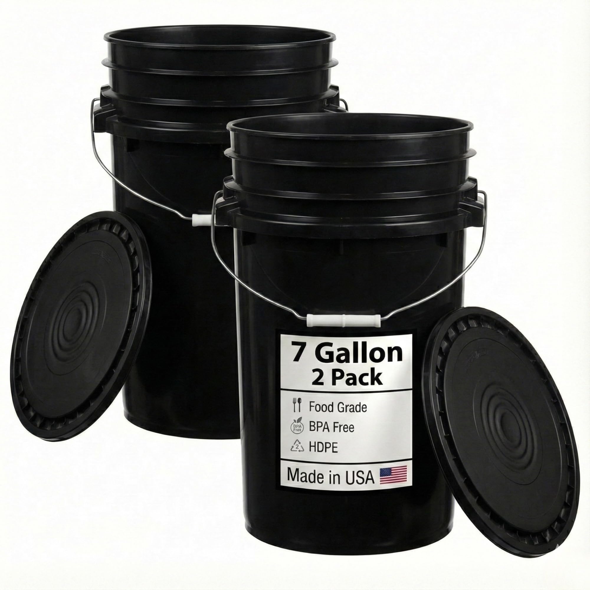 Hudson Exchange 7 Gallon (2 Pack) Large Bucket Pail Container with Easy Peel Lid, Food Grade BPA Free HDPE, Black