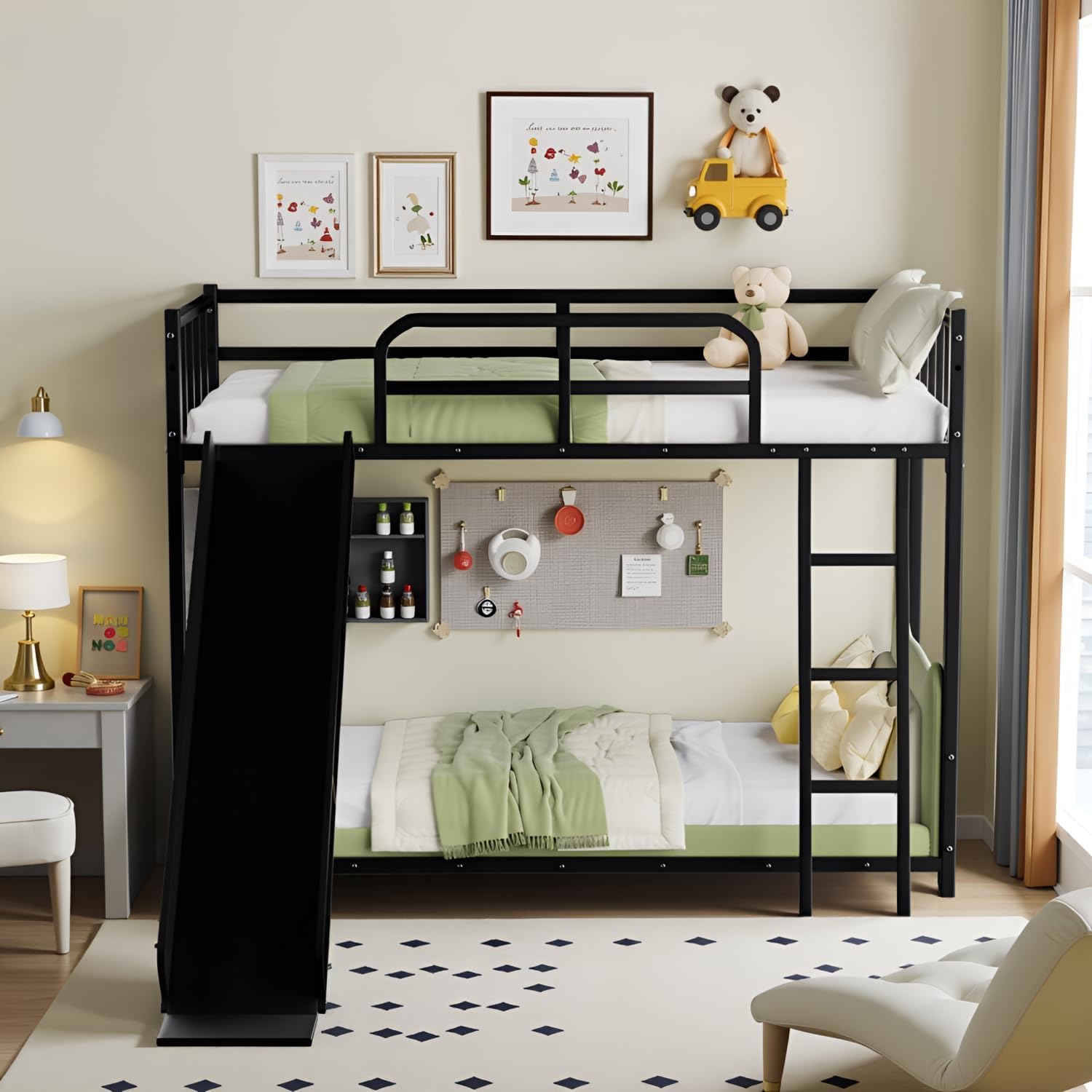 Cama Cucheta con Escalera y Tobogán, Marco Metálico Negro
