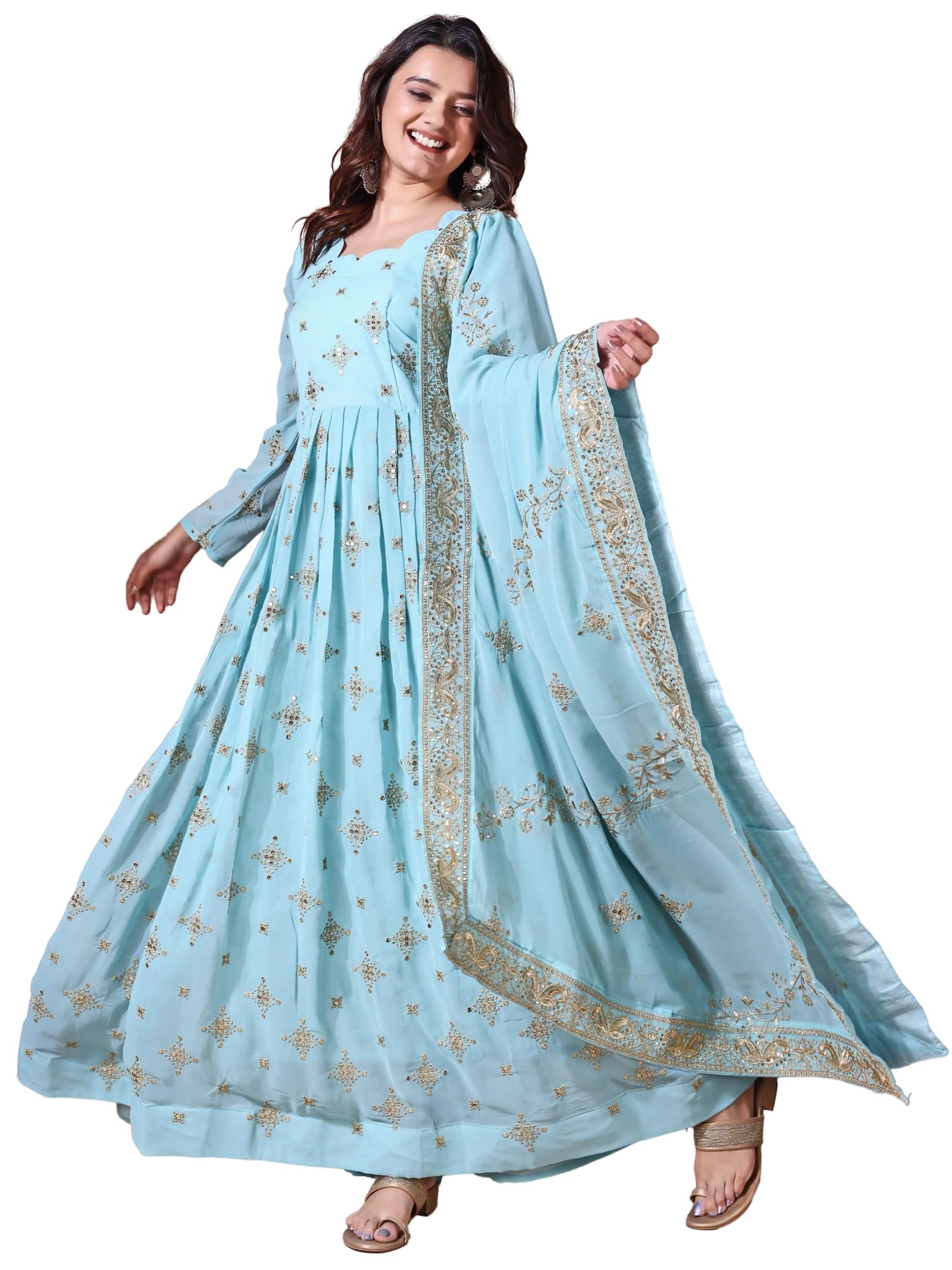 Fashion Basket Georgette Sequins Long Dress For Women (In, Alpha, 2Xl, Regular, Sku Blue)