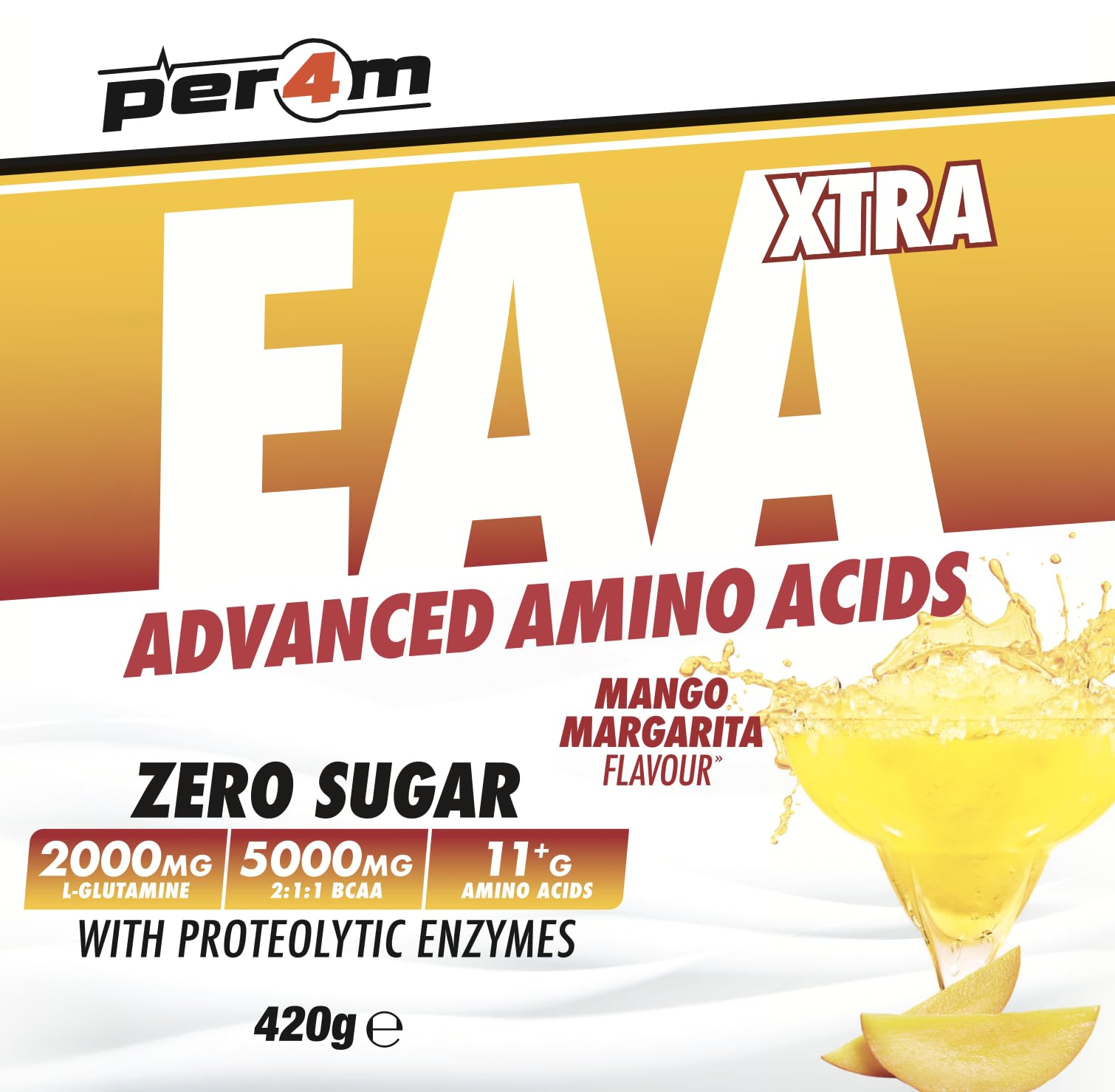 Per4m Amino Xtra, Aminoacidi Essenziali con Elettroliti, Favorisce il Recupero Muscolare, Formula Ipocalorica per i Muscoli, Integratore Intra-Workout per Sportivi Avanzati – Mango Margarita – 420g