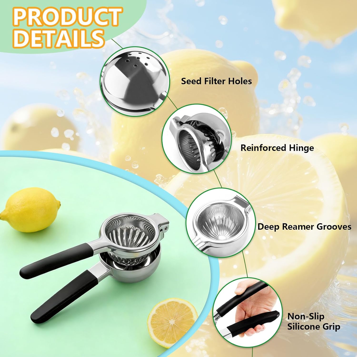 Lemon Squeezer Stainless Steel with Zester Ripper, Manual Citrus Press for Lemon & Lime, Ergonomic Handles, Dishwasher Safe image 3
