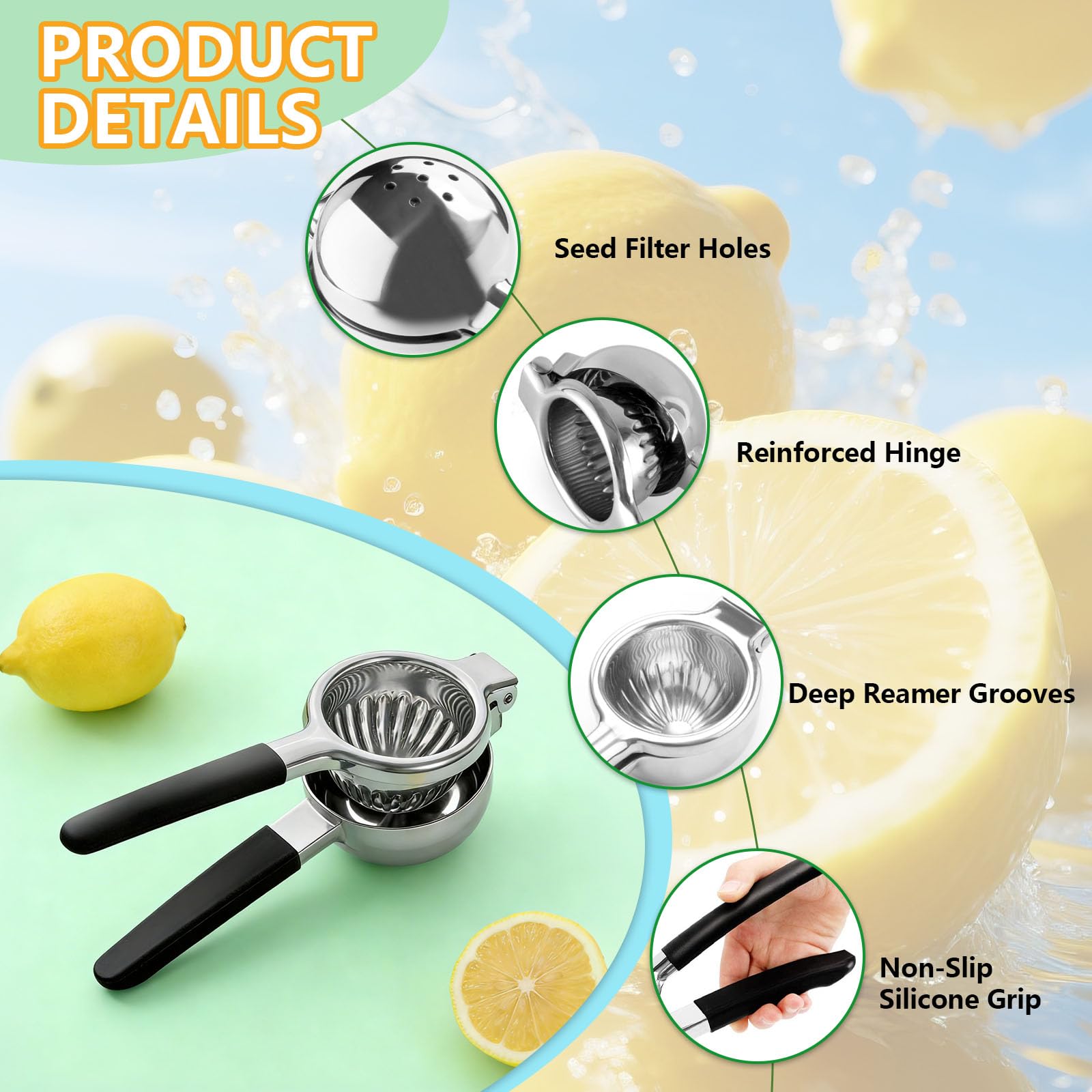 Spremiagrumi Manuale in Acciaio Inox con Zester, Spremilimone per Limoni e Lime, Manici Ergonomici, Lavabile in Lavastoviglie