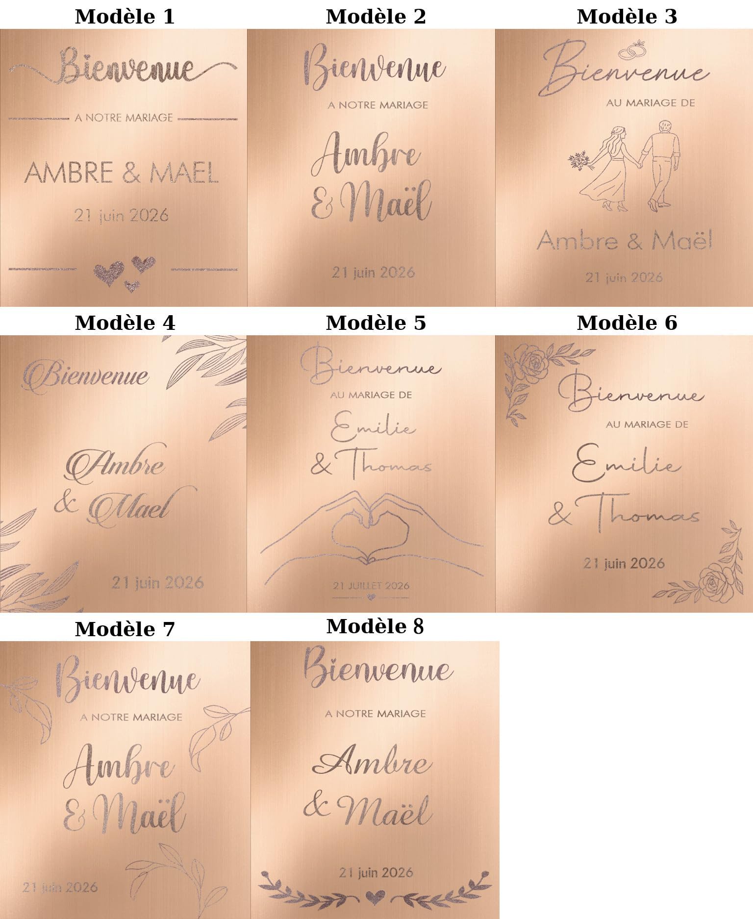 Willkommensschild für Hochzeit, personalisierbar, aus Holz, Kirschbaum, Ahornholz, Roségold, Champagner-Gold, Naturholz, 50 x 60 cm