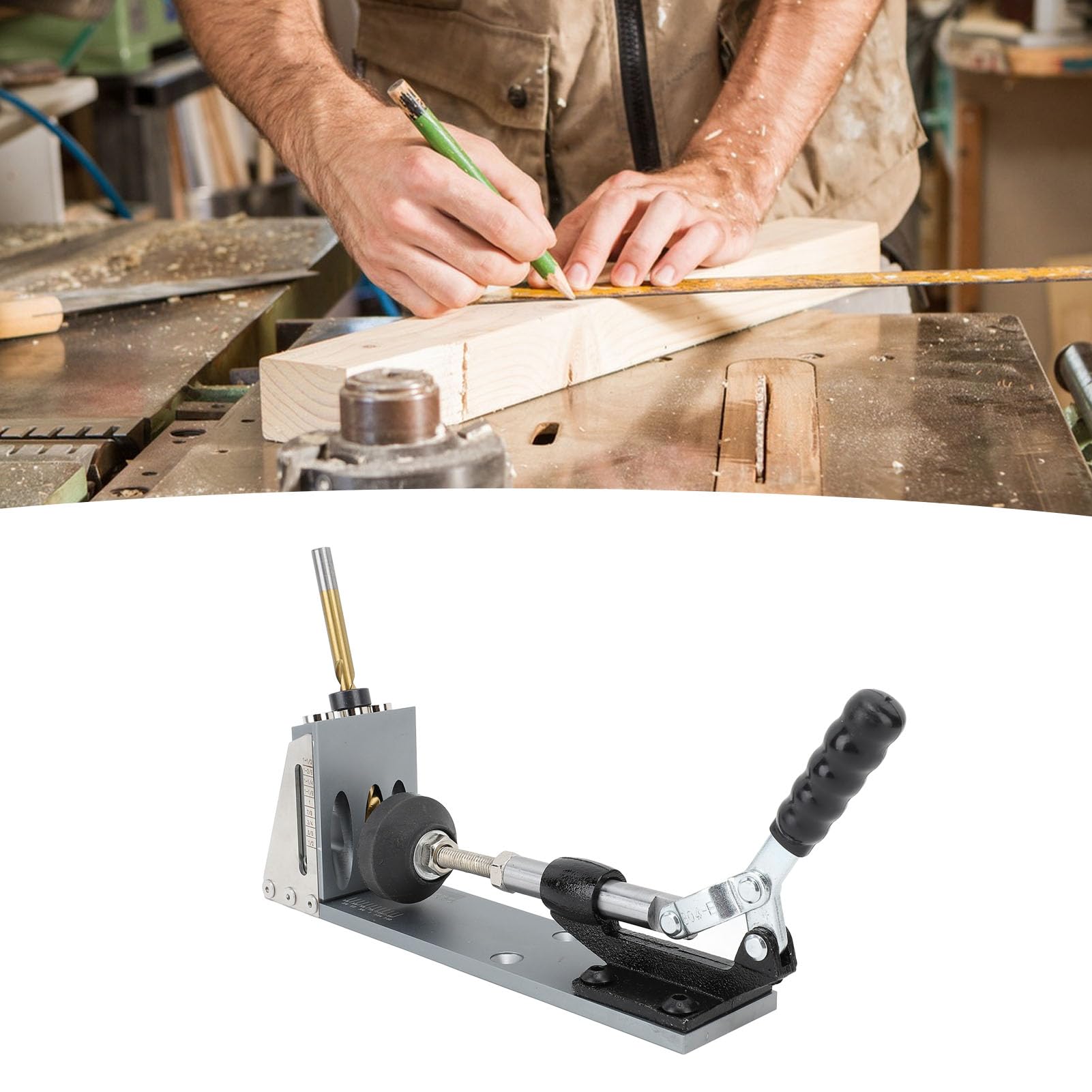 Kit professionale per fori a tasca con regolazione dell'angolo per progetti di falegnameria fai-da-te, in lega di alluminio e legno massello, set da 33 pezzi, 27x6 cm.
