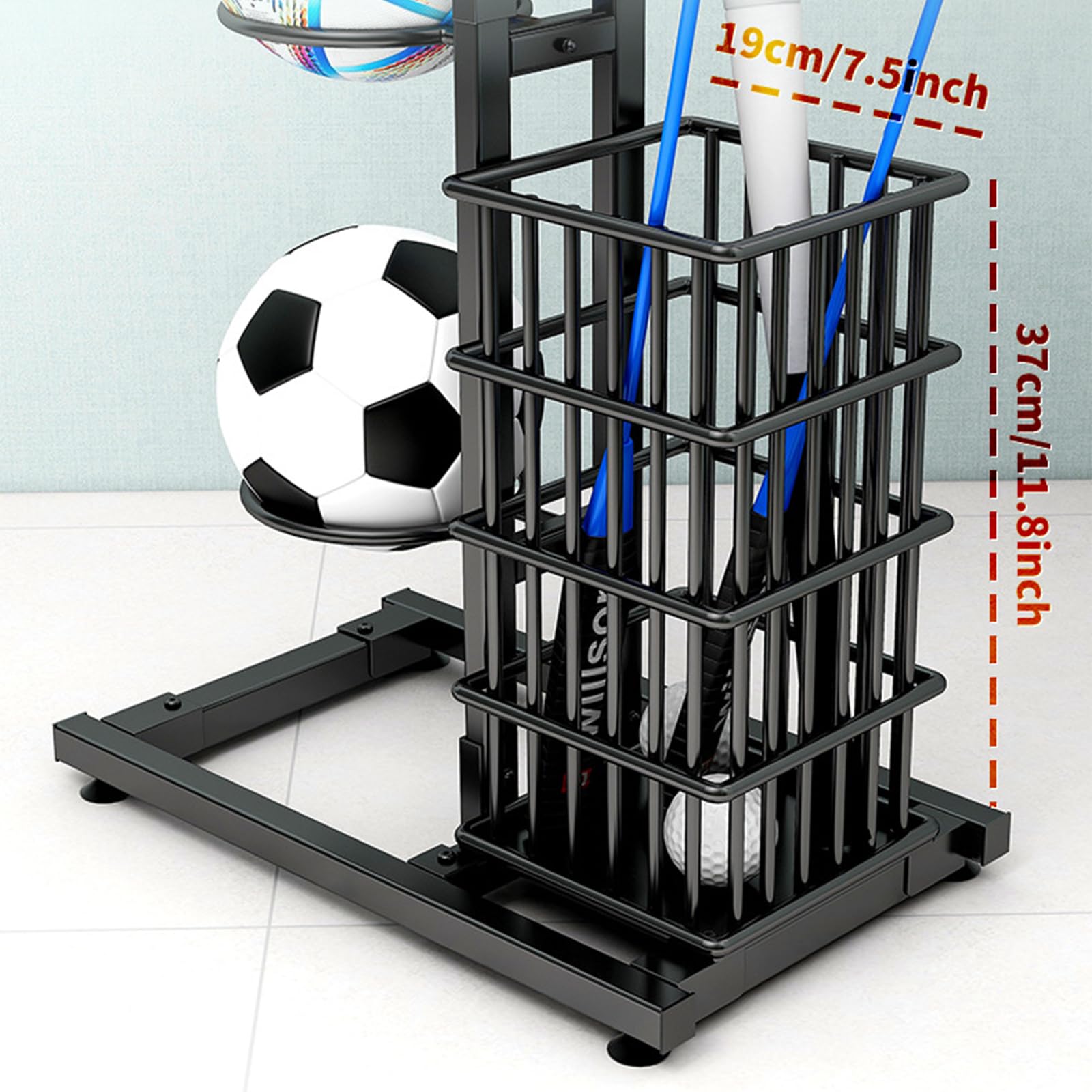 Soporte de bolas para rodamientos verticales rack baloncesto almacenamiento multicapa con cesta y ganchos