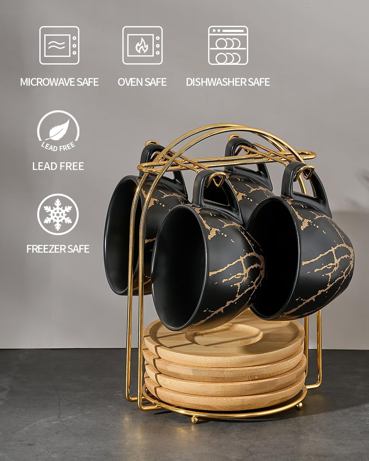 HOME DECOR Taza de café de porcelana con soporte de metal, tazas de café de cerámica de 8 onzas para americano, latte, café moca y té, juego de 4, dorado y negro, 1339-4BK