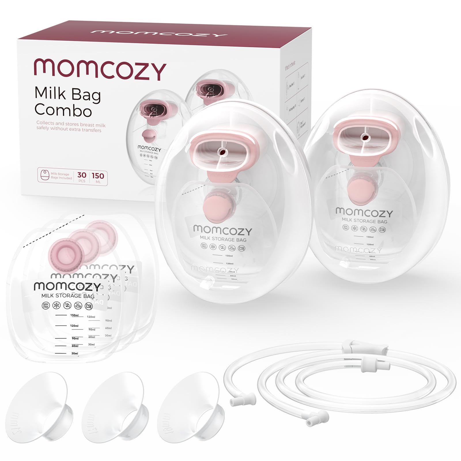 MomcozyWearable Milk Collection Cups with Storage Bags (5 oz), Direct-to-Bag Breast Milk Bag Combo, Breast Pump Parts for Momcozy V1 Pro/V1/V2 Pump & Most Electric Breast Pumps, 2 Pack