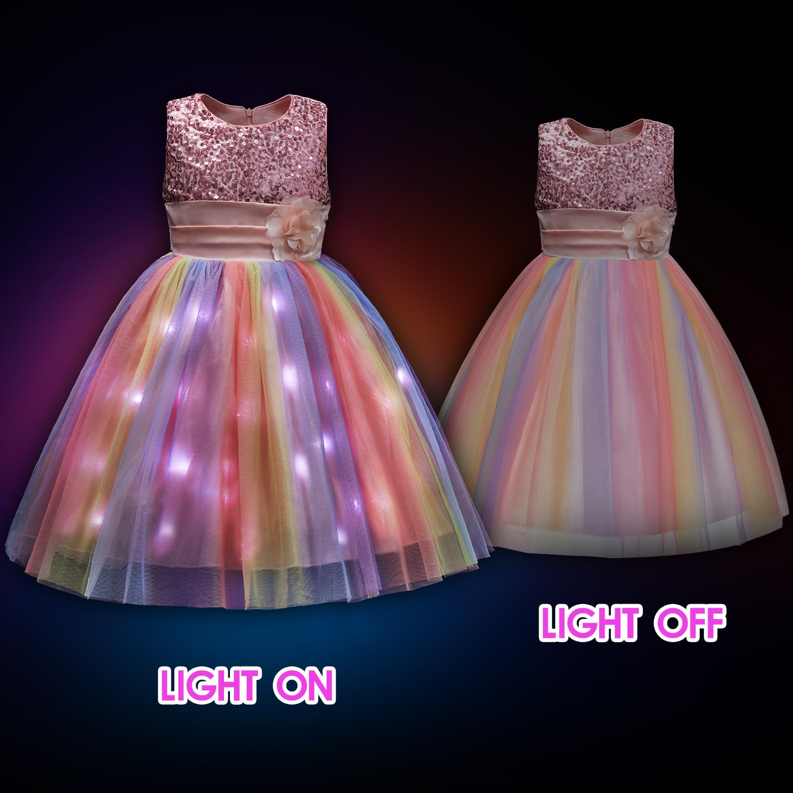 Davvew Little Girls Dress Sequin Pink Rainbow Dress Flower Girl Dress Easter Dress Light up Princess Dresses for Toddler Girls Kids Costume for Brithday Wedding Party