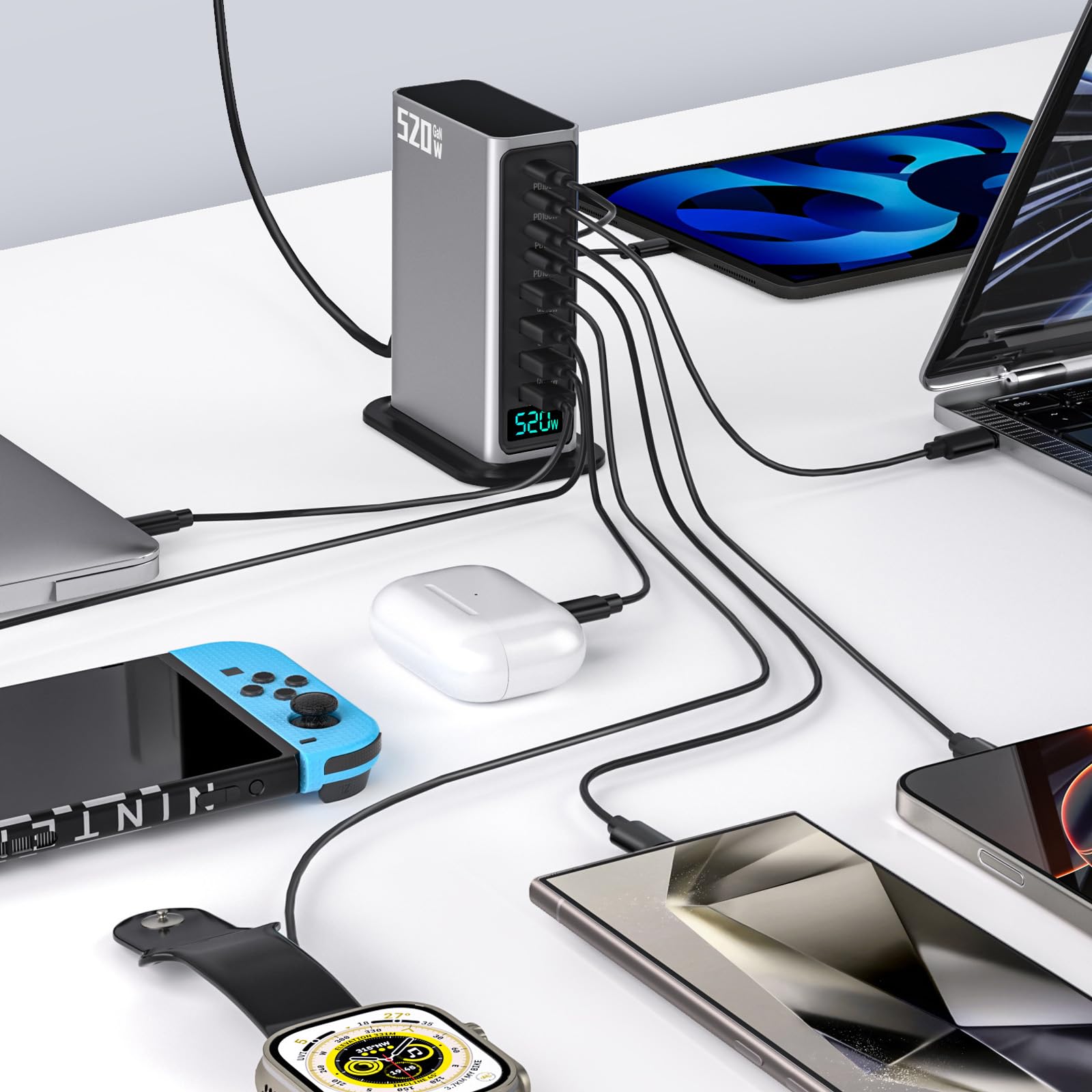 USB Schnellladegerät, 520W USB C Ladegerät Mehrfach mit Digitalanzeige, 8 Port USB Charging Station mit GAN III und PD 3.0, Schnellladestation mit 4USB C & 4USB A für Telefon, Tablets, Laptop