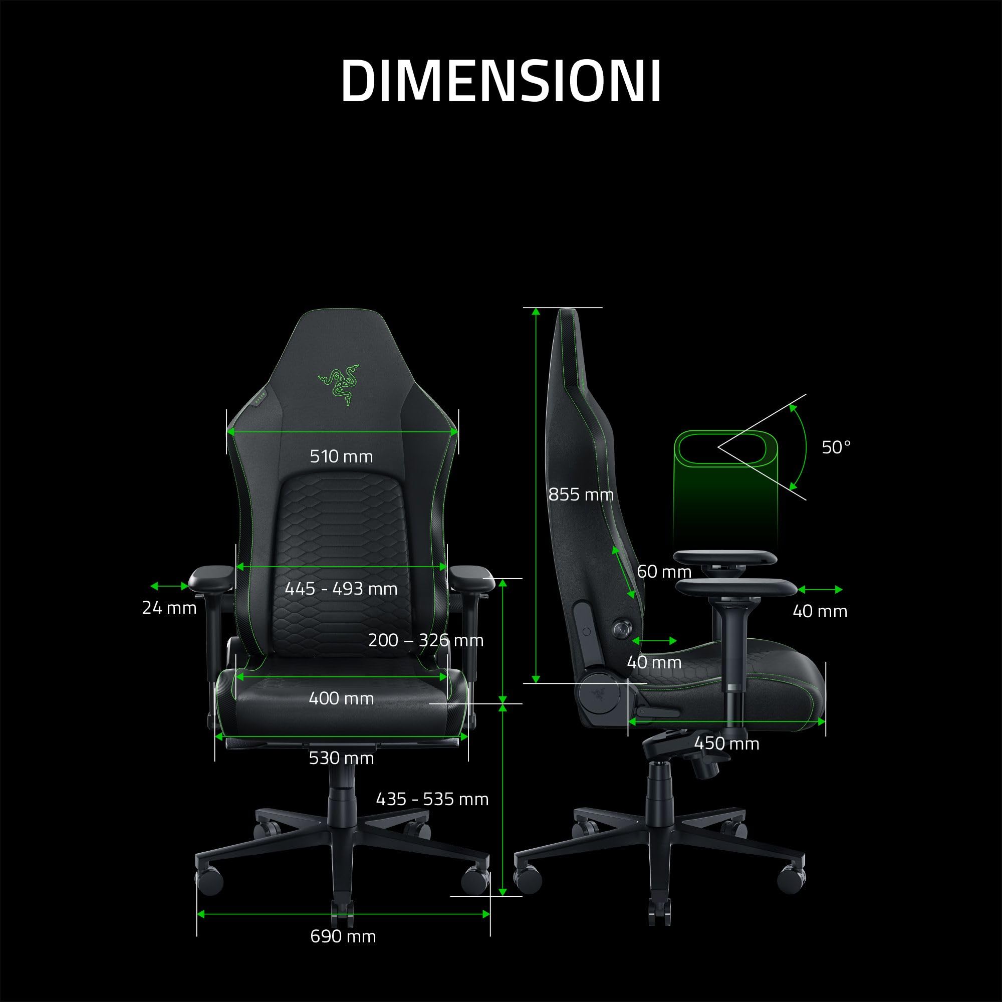 Razer Iskur V2 - Sedia da gioco con supporto lombare adattivo (pelle sintetica di grado EPU, cuscini in schiuma ad alta densità, braccioli 4D, curva lombare completamente regolabile) Verde