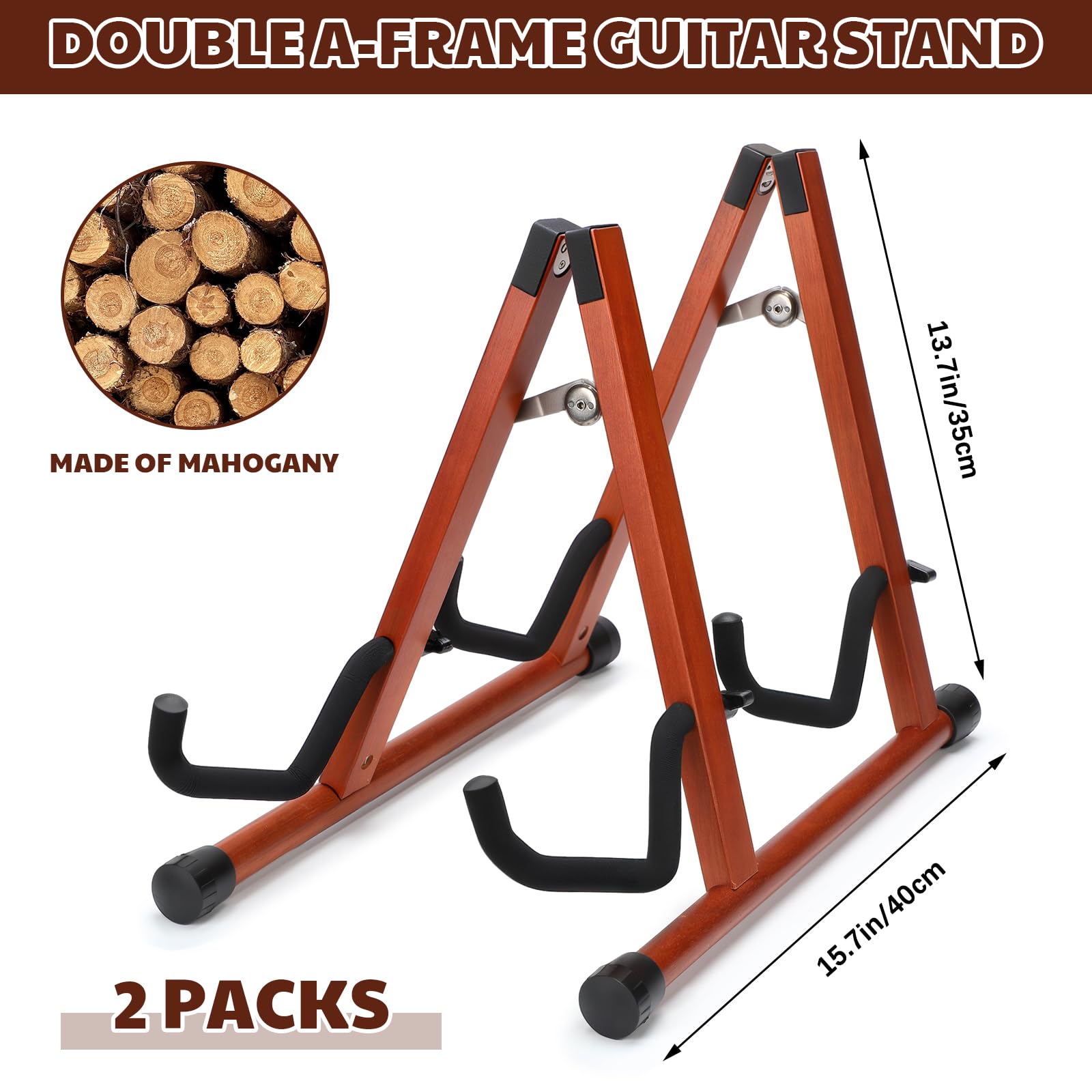Chunful 2 Pack Wood Guitar Stand Double A-frame Portable Folding Electric Guitar Holder Stand with Non-slip Rubber Soft Foam Arms for Bass Ukulele Banjo