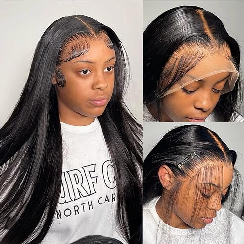 Miniatura 6 de Pelucas de cabello humano lacio de 28 pulgadas con encaje frontal de 150% de densidad, sin pegamento, pelucas de cabello humano prearrancado con