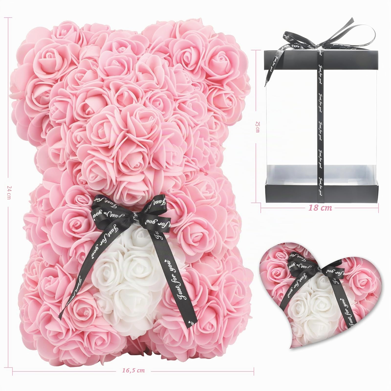 Rosenbär Handgemachte Rose Bär Geschenk für sie, Freundinnen, Frauen, Transparente Geschenkbox 25,4 cm (Hellrosa)