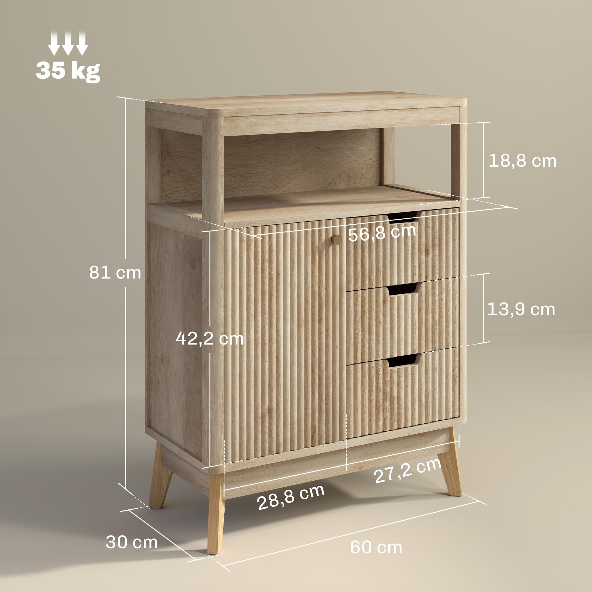 Buffet De Rangement HOMCOM 60x30x81 Cm - Bois Naturel, 3 Tiroirs, Placard Et étagère Réglable, Style Boho - 11