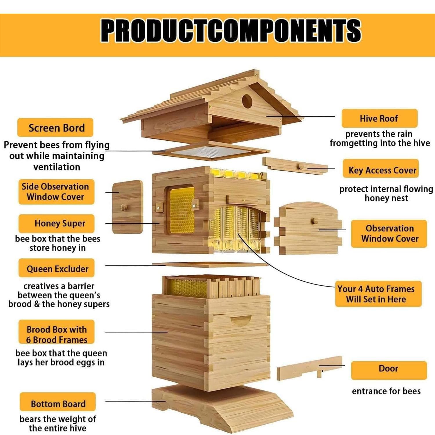 Kit de démarrage pour Ruche d'abeilles en Bois Auto Kit Fabriquées en Bois De Cèdre Naturel Et Complet de récolte du Miel avec 4 Cadres pour apiculteurs débutants