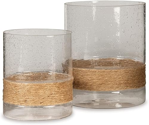 Signature Design by Ashley Eudocia Coastal - Juego de 2 portavelas de cristal con base de cuerda, transparente