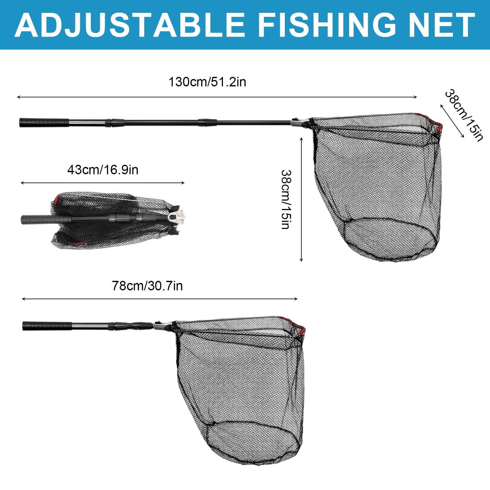 Épuisette Pêche Pliable 130cm, Filet de Pêche en Nylon Recouvert de Caoutchouc avec Poignée Télescopique, pour La Pêche de Carpe, Truite, Crevette en Étang, Bassin, Rivière
