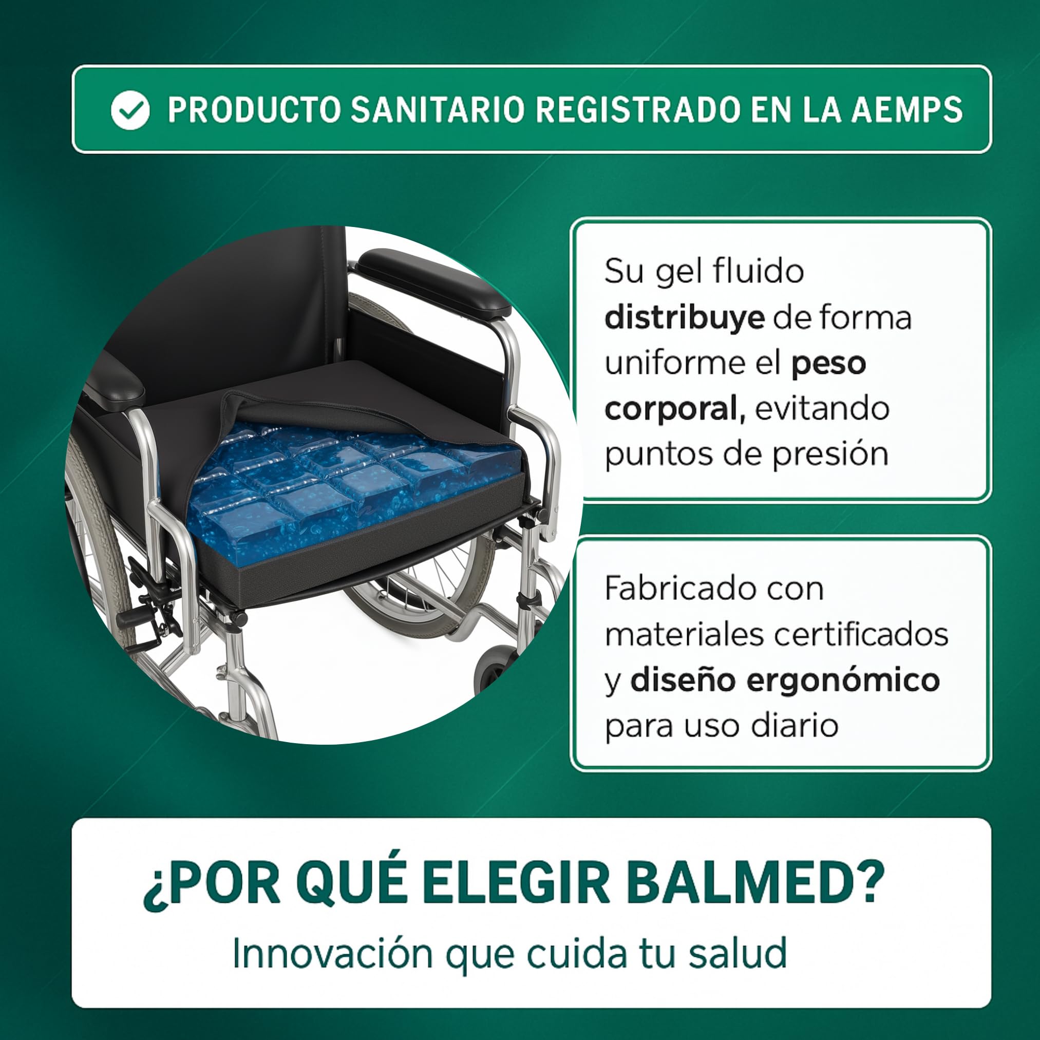 Cojin Antiescaras - Ortopédico para Silla de Ruedas - Alivio de Presión - Gel SAP 62% + 28% Viscoelastica - Ideal para Hemorroides, Úlceras y Postoperatorios - Producto Certificado por la AEMPS