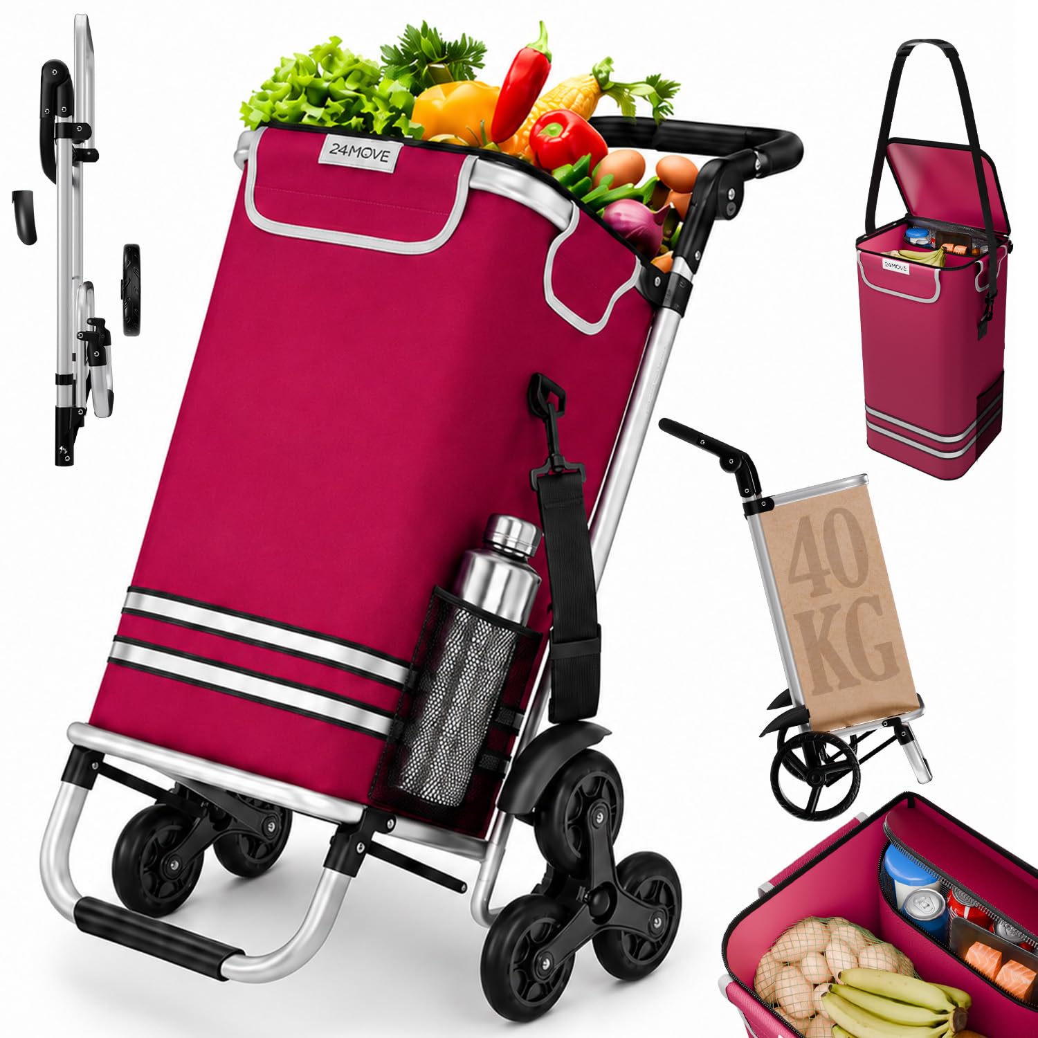 24MOVE® Einkaufstrolley Alegre & Vehlo klappbar mit 55L inkl. Kühlfach, Faltbarer 3in1 Trolley - Sackkarre und Tasche, bis 30kg belastbar, schwarz
