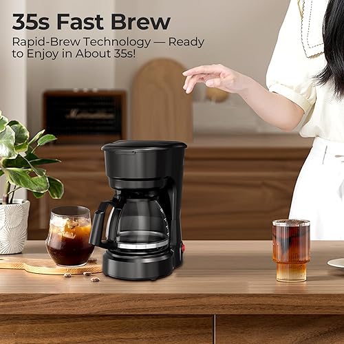 Miniatura 5 de Cafetera programable de 5 tazas, pequeña cafetera de goteo con jarra de vidrio de grado alimenticio, mantiene siempre caliente con interruptor,