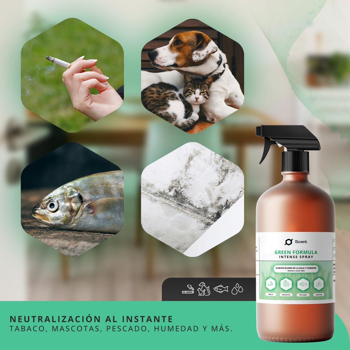 Neutralizador líquido de Olores Multiusos Spray - Fórmula Green - Ideal para eliminar el olor a humedad, mascotas, pescado, comida…, entre otros - Aroma Aloe vera - SCENTECHNOLOGIES (1000 ml)