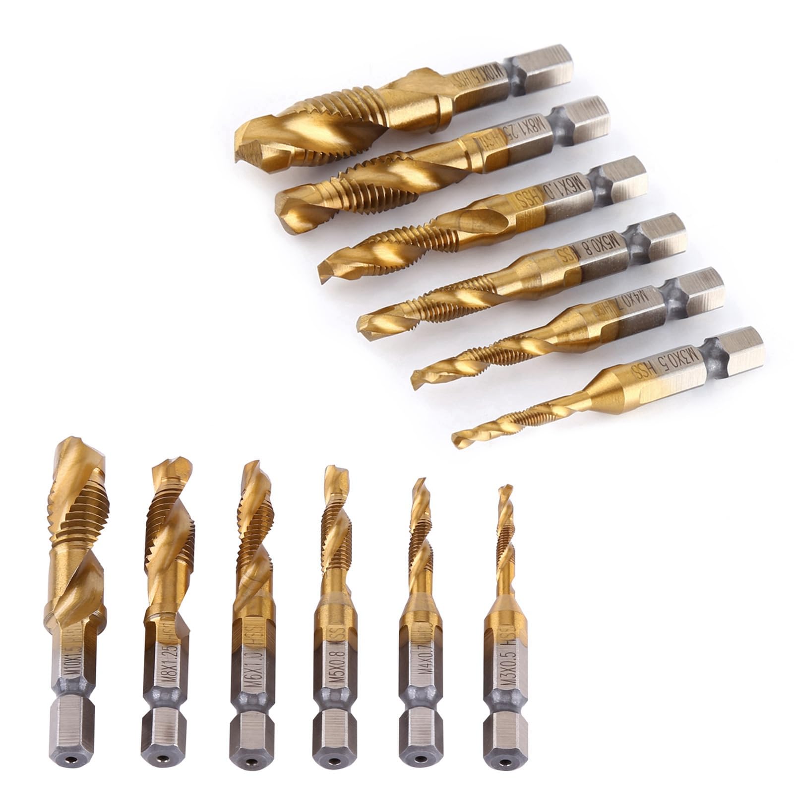 6 szt. HSS zestaw wierteł do kranu pogłębiającego, metryczny uchwyt gwintowy pokryty tytanem 1/4 cala narzędzie do cięcia gwintów kombinacja sześciokątny chwyt do M3-M10