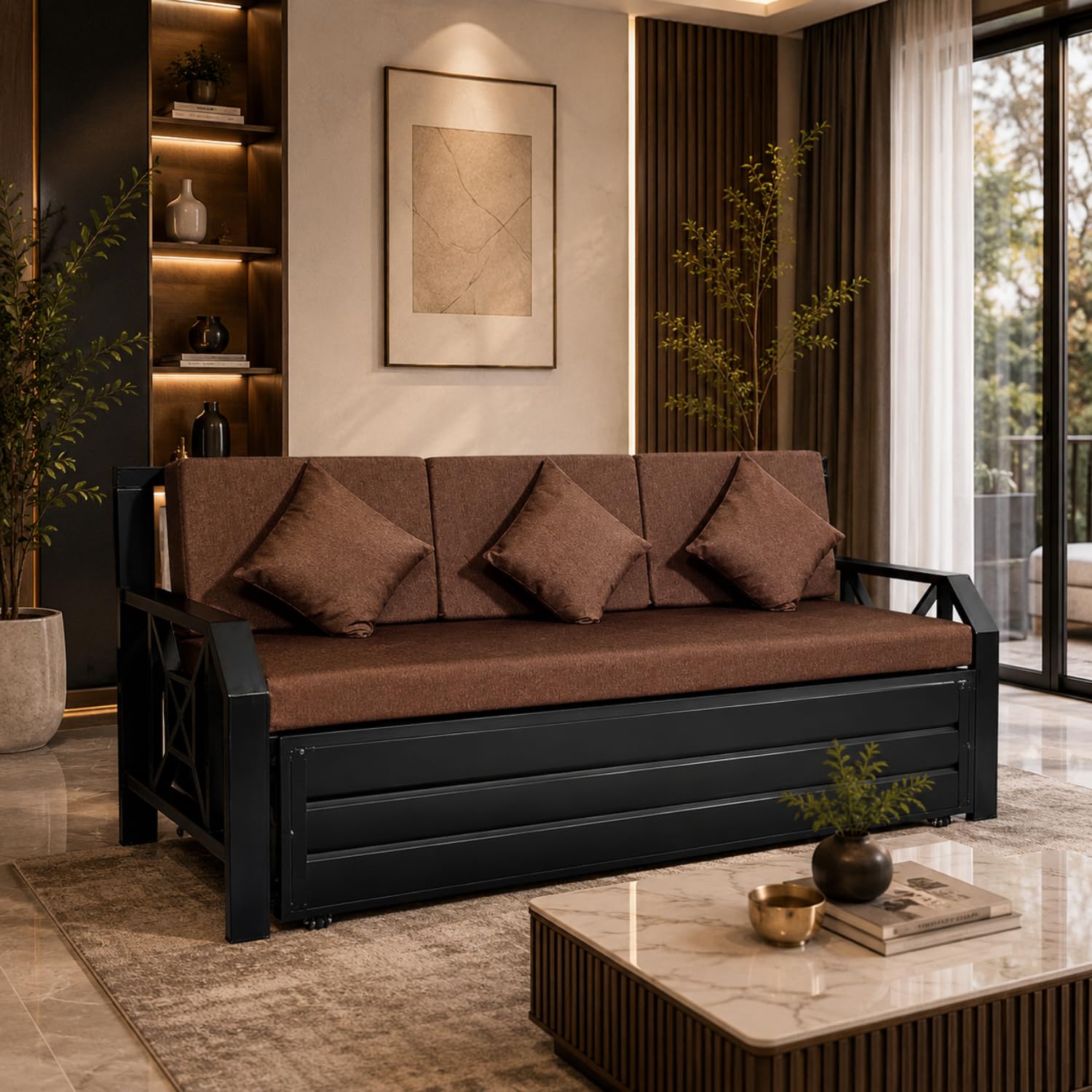 ROYAL BED MANUFACTURER Premium King Size 6X6 Black Matte Finish Metal Sofa Cum Bed with Hydraulic Storage | 3-Person Sofa | 6X6 | Brown Fabric (King Size)